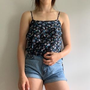 BLUES FLORAL PRINT RUFFLE TANK BLOUSE